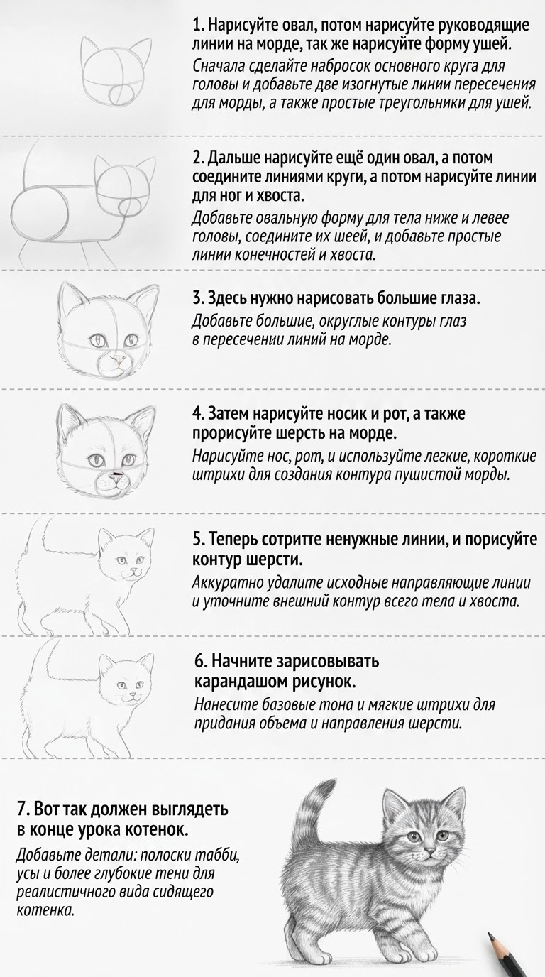 Инструкция, как нарисовать котёнка